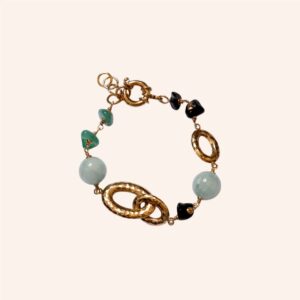 Pulseira elos ovais e pedras verdes