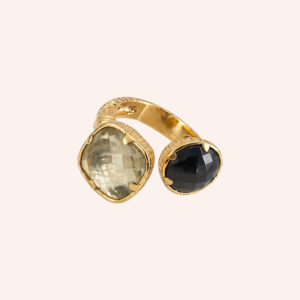 Anel água quartzo e onyx dourado